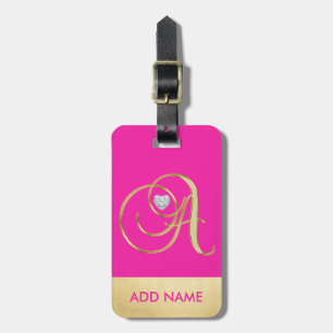 Personalised Girl Hot Pink Gold Monogram Letter A Luggage Tag