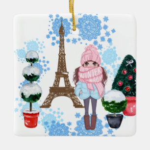 Personalised Girl in Paris Winter Eiffel Tower Ceramic Ornament
