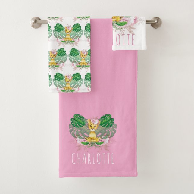 Personalised Girl Lion Illustration Safari Bath Towel Set (Insitu)