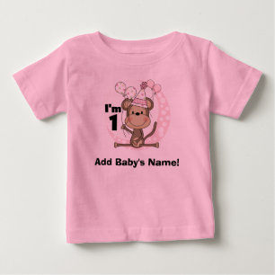 Personalised Girl Monkey in Party Hat 1st Birthday Baby T-Shirt