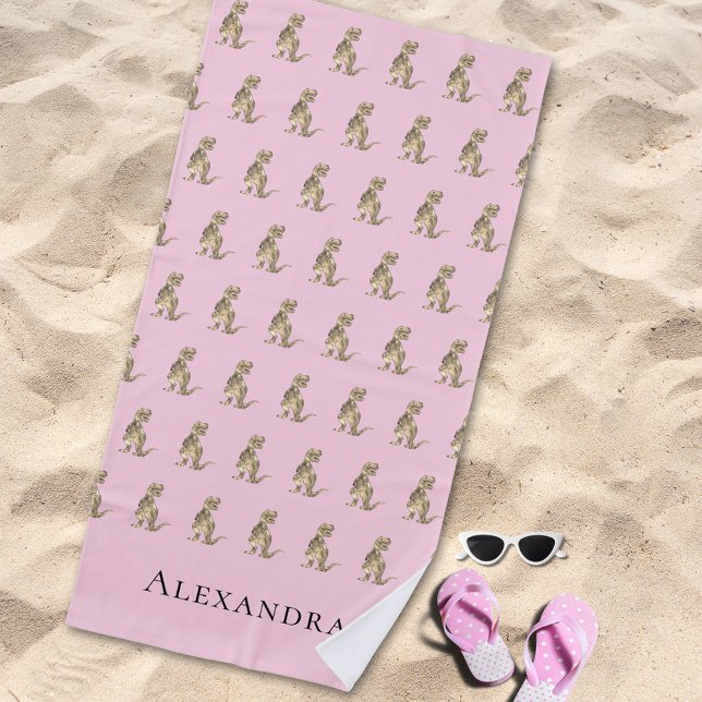 Personalised Girl Name Dinosaur Beach Towel (Personalized girl monogram name Jurassic dinosaur pattern pink beach towel Prehistoric T-Rex dino )