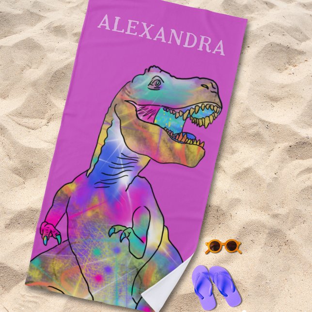 Personalised Girl Name Dinosaur Beach Towel (Colorful dinosaur T-rex custom name pink beach towel funky dino for girls)