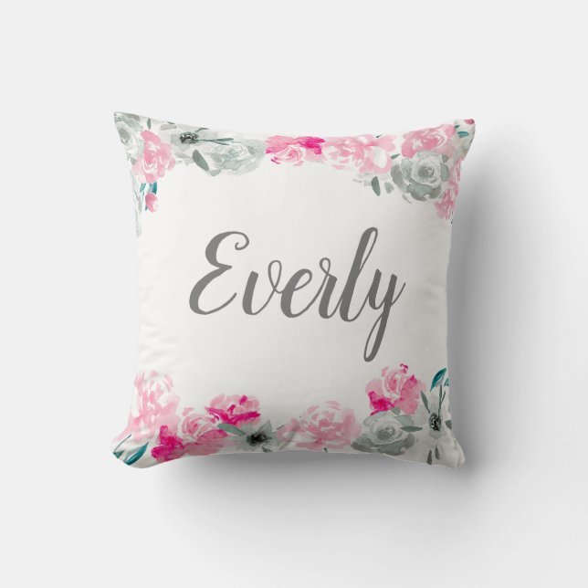 Personalised girl name monogram Watercolor floral Cushion (Front)