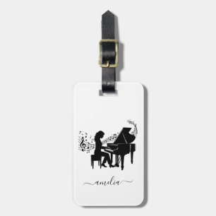 Personalised Girl Pianist Silhouette Music Notes   Luggage Tag