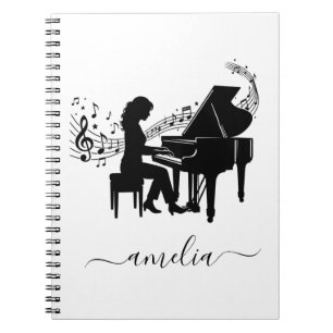 Personalised Girl Pianist Silhouette Music Notes Notebook