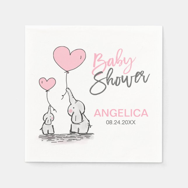 Personalised Girl Pink Elephant Mum & Baby Shower Napkin (Front)