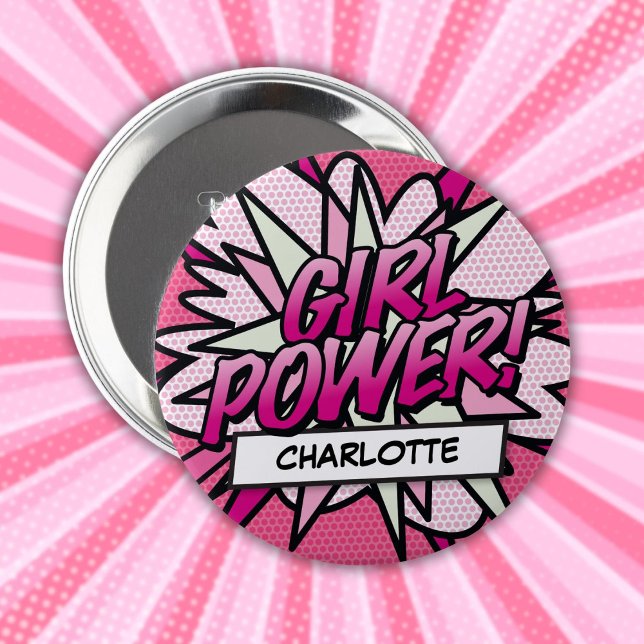 Personalised GIRL POWER Comic Book Pink 10 Cm Round Badge (Personalized GIRL POWER Comic Book Pink Button)