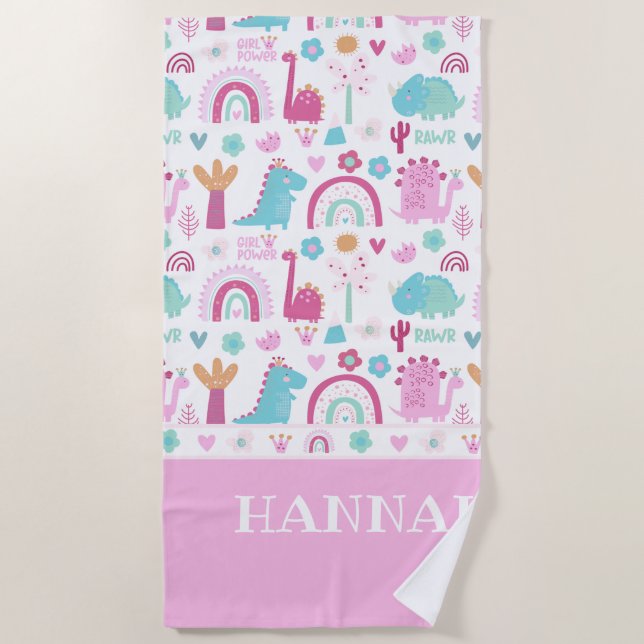 Personalised Girl Power Dinosaur Beach Towel (Front)