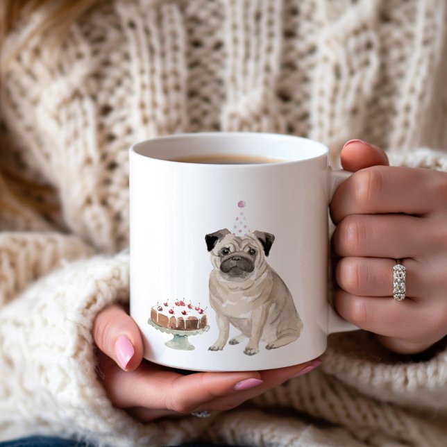 Personalised Girl Pug Birthday Cake Coffee Mug (Creator Uploaded)