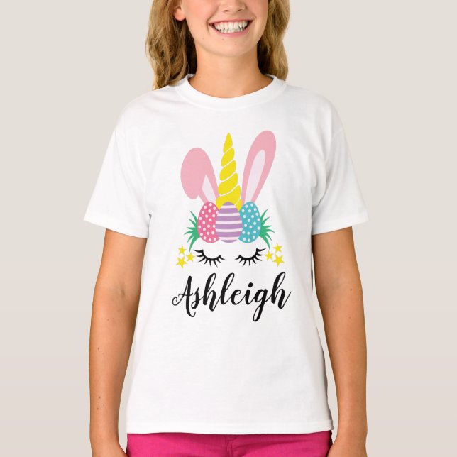 Personalised Girl Unicorn Easter Gift Bunny Rabbit T-Shirt (Front)