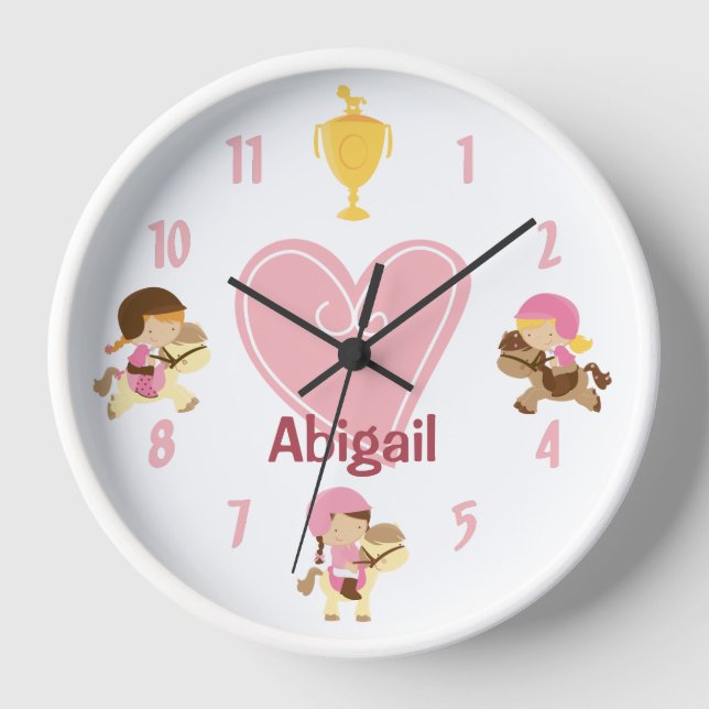 Personalised Girls and Ponies Pink Heart Horse Clock (Front)