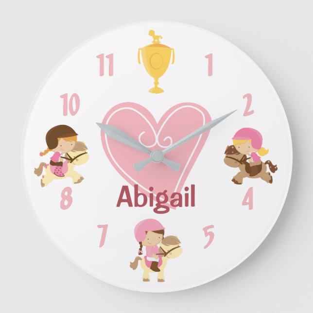Personalised Girls and Ponies Pink Heart Horse Large Clock (Front)