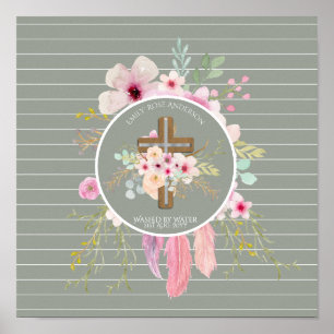 Personalised Girls BAPTISM - Floral Cross Sage Poster