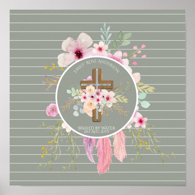 Personalised Girls BAPTISM - Floral Cross Sage Poster (Front)