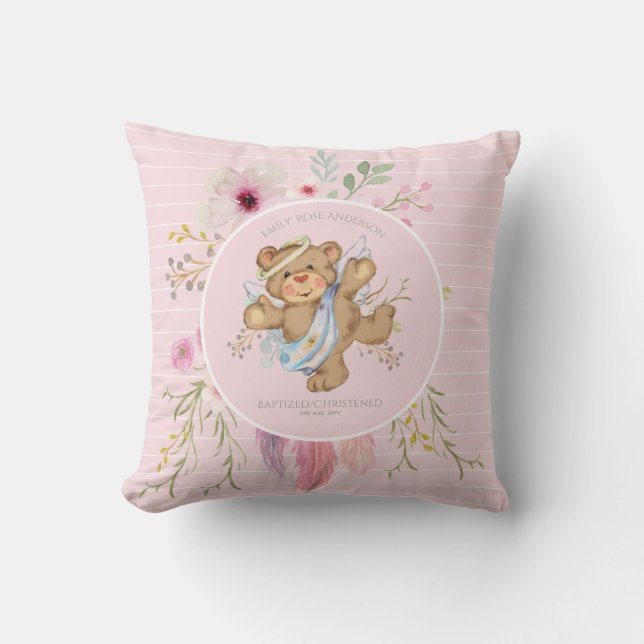 Personalised Girls BAPTISM - Pink Angel Teddybear Cushion (Front)