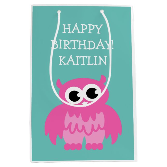 Personalised girls Birthday cute pink owl gift bag (Front)