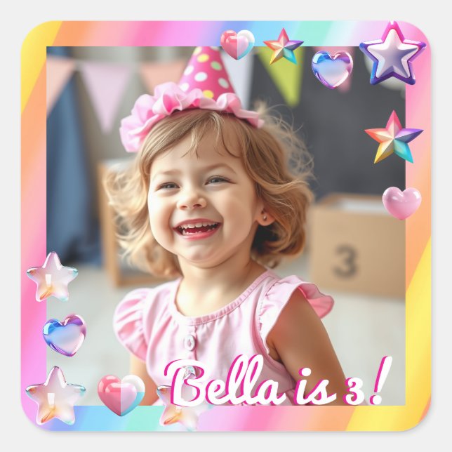 Personalised Girl's Birthday Photo Square Sticker (Front)