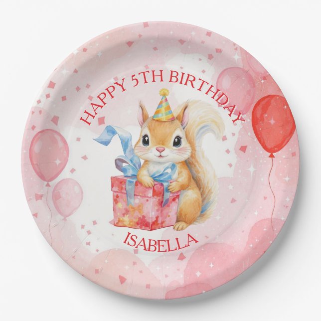 Personalised Girl's Birthday Squirrel Pink and Red Paper Plate (Front)