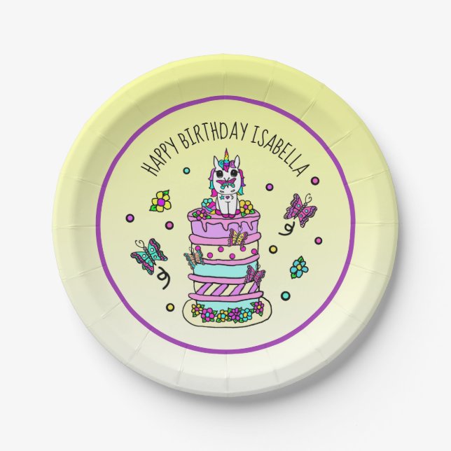 Personalised Girl's Birthday Unicorn Butterflies Paper Plate (Front)