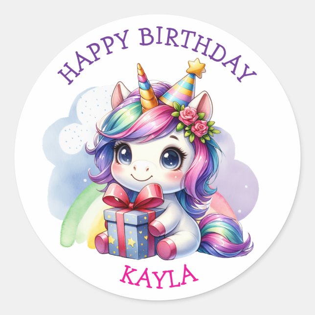 Personalised Girl's Birthday Unicorn Classic Round Sticker (Front)