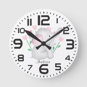 Personalised Girls Hearts Elephant Nursery Room Round Clock