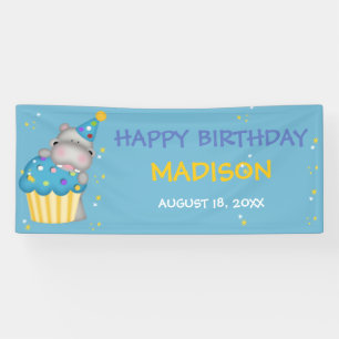 Personalised Girls Hippo Birthday Banner