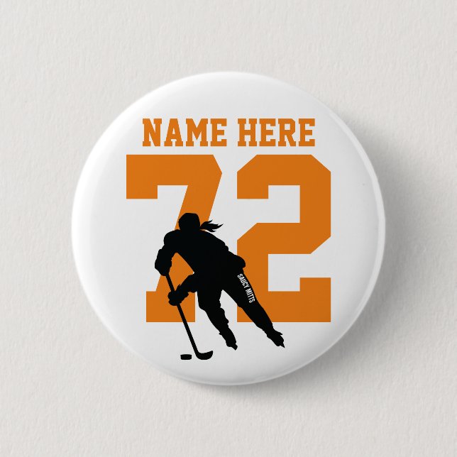 Personalised Girls Hockey Name Number Orange 6 Cm Round Badge (Front)
