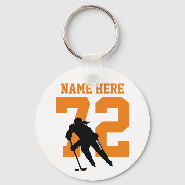 Personalised Girls Hockey Name Number Orange Key Ring (Front)