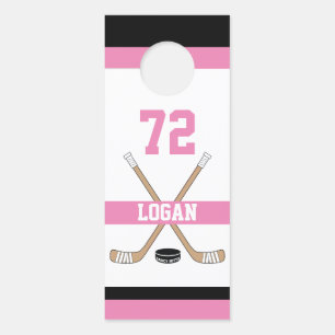 Personalised Girls Hockey Player Name Number Pink Door Hanger