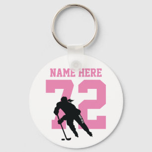 Personalised Girls Hockey Player Name Number Pink Key Ring
