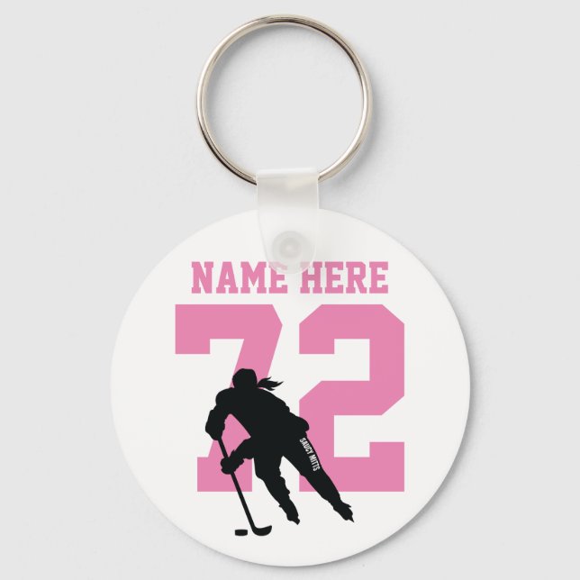 Personalised Girls Hockey Player Name Number Pink Key Ring (Front)