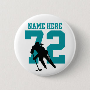 Personalised Girls Hockey Player Name Number Teal 6 Cm Round Badge
