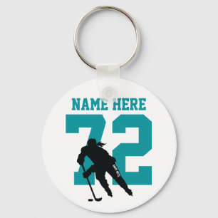 Personalised Girls Hockey Player Name Number Teal Key Ring