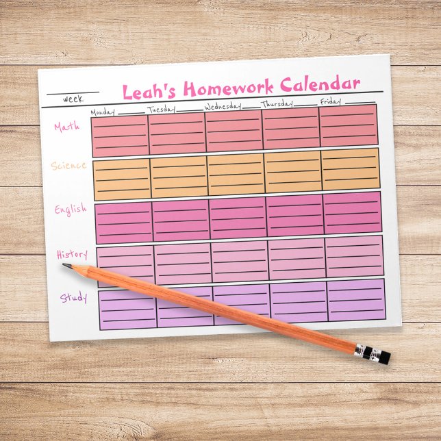 Personalised Girls Homework Weekly Planner  Notepad (Personalized girls homework weekly planner with colorful school layout.)