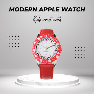 Personalised Girls Kids Name Dog Paw Red Hearts Watch