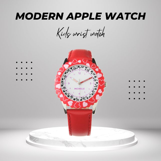 Personalised Girls Kids Name Dog Paw Red Hearts Watch (Creator Uploaded)
