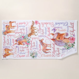 Personalised girls name collage with ponies beach towel