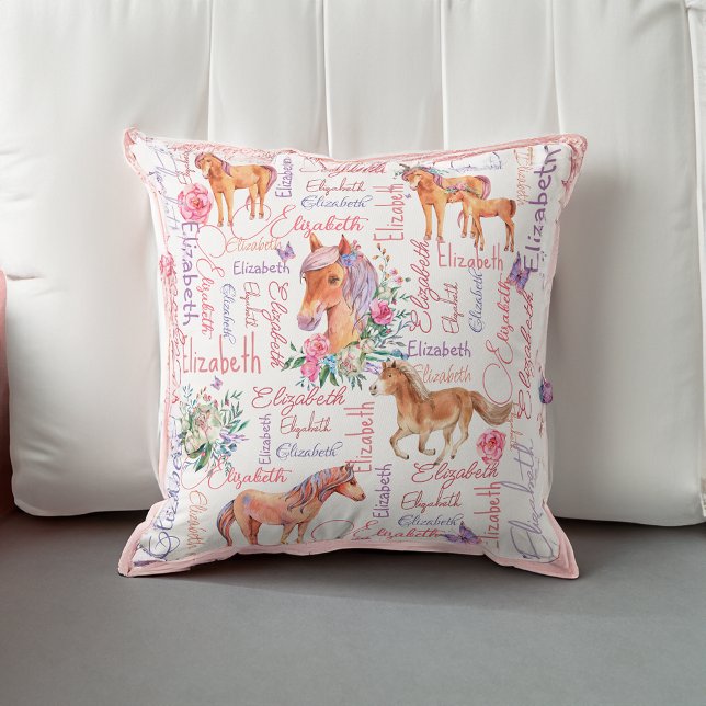 Personalised girls name collage with ponies cushion (Personalized girls name collage with ponies throw pillow)
