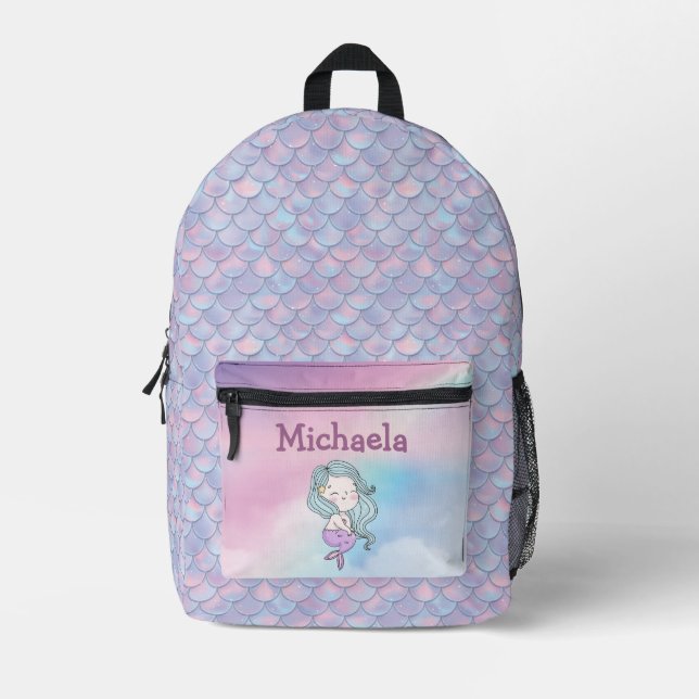 Personalised Girl's Name Mermaid Scales Printed Backpack (Front)