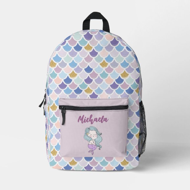 Personalised Girl's Name Mermaid Scales Printed Backpack (Front)
