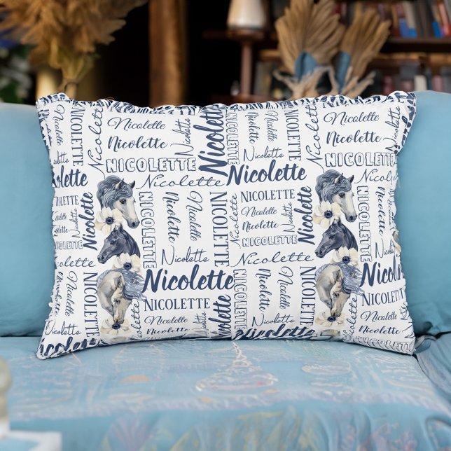 Personalised girls name pillow with horses  (Personalized girls name collage pillow with horses horse girl gifts)