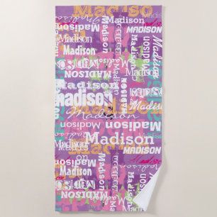 Personalised Girl's Name Pink Purple Beach Towel