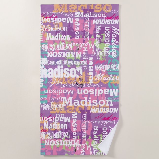 Personalised Girl's Name Pink Purple Beach Towel (Front)