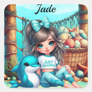 Personalised Girl's name sitting with her Dolphin Square Sticker