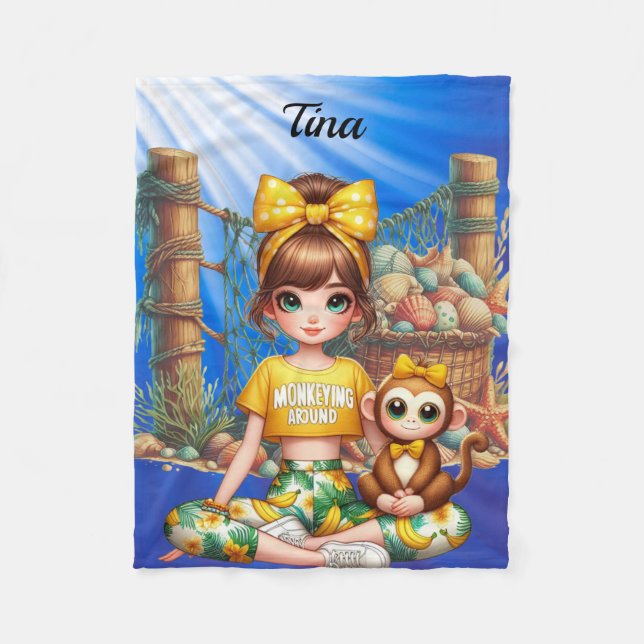 Personalised Girl's name sitting with her monkey Fleece Blanket (Front)