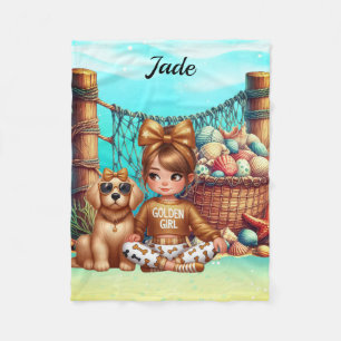 Personalised Girl's name sitting with her shells Fleece Blanket