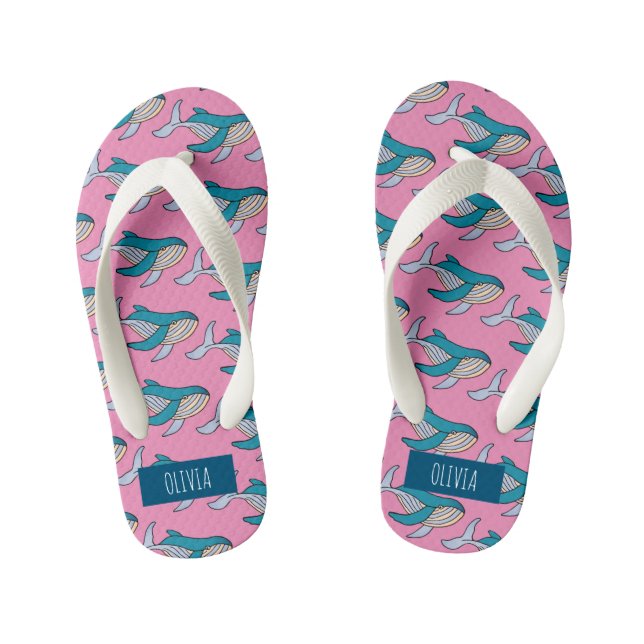 Personalised Girls Pink Blue Whale Ocean Pattern Kid's Flip Flops (Footbed)