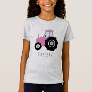 Personalised Girl's Pink Farmer's Tractor and Name T-Shirt