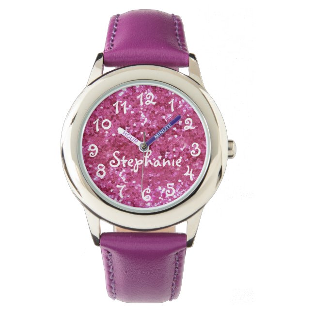 Personalised Girl's Pink Glitter-Look Watch (Front)