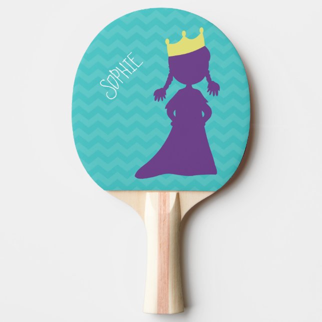 Personalised Girls Purple Princess Silhouette Teal Ping Pong Paddle (Front)